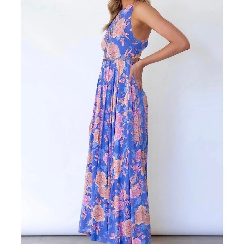 ZESICA Floral Maxi Dress Size M Blue Pink Boho Halter Tie Back Sleeveless NWT